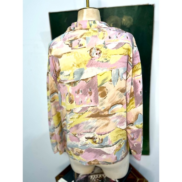 Watercolor Edwardian pink blue 80s  large collar button long sleeve blouse - Picture 11 of 12